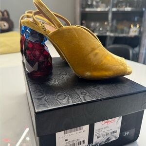 Dries Van Noten Yellow Velvet Heels with Blue and Red Accents